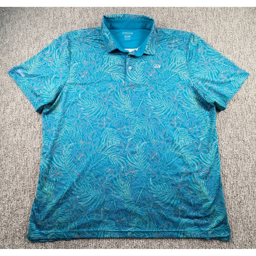 Good Good Golf Polo Mens 3XL Teal Blue Tropical Hibiscus Floral Stretch Shirt